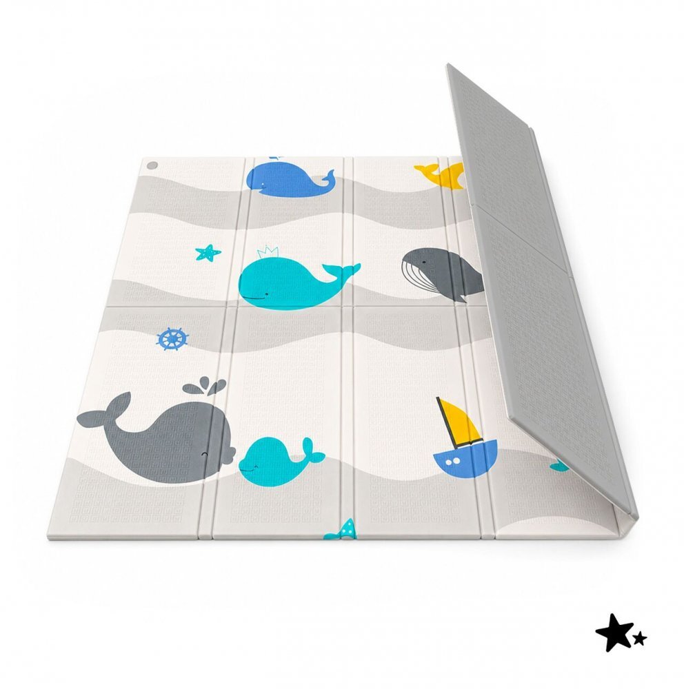 MalPlay Covoras de joaca pliabil din spuma XPE cu doua fete Mativo Whale dimensiune 120 x 120 cm include husa de transport cu fermoar si manere