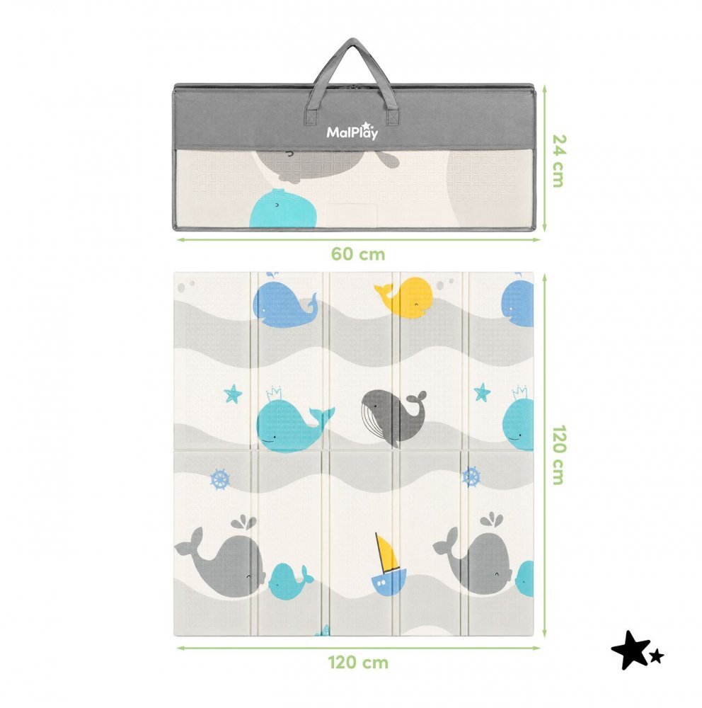 MalPlay Covoras de joaca pliabil din spuma XPE cu doua fete Mativo Whale dimensiune 120 x 120 cm include husa de transport cu fermoar si manere