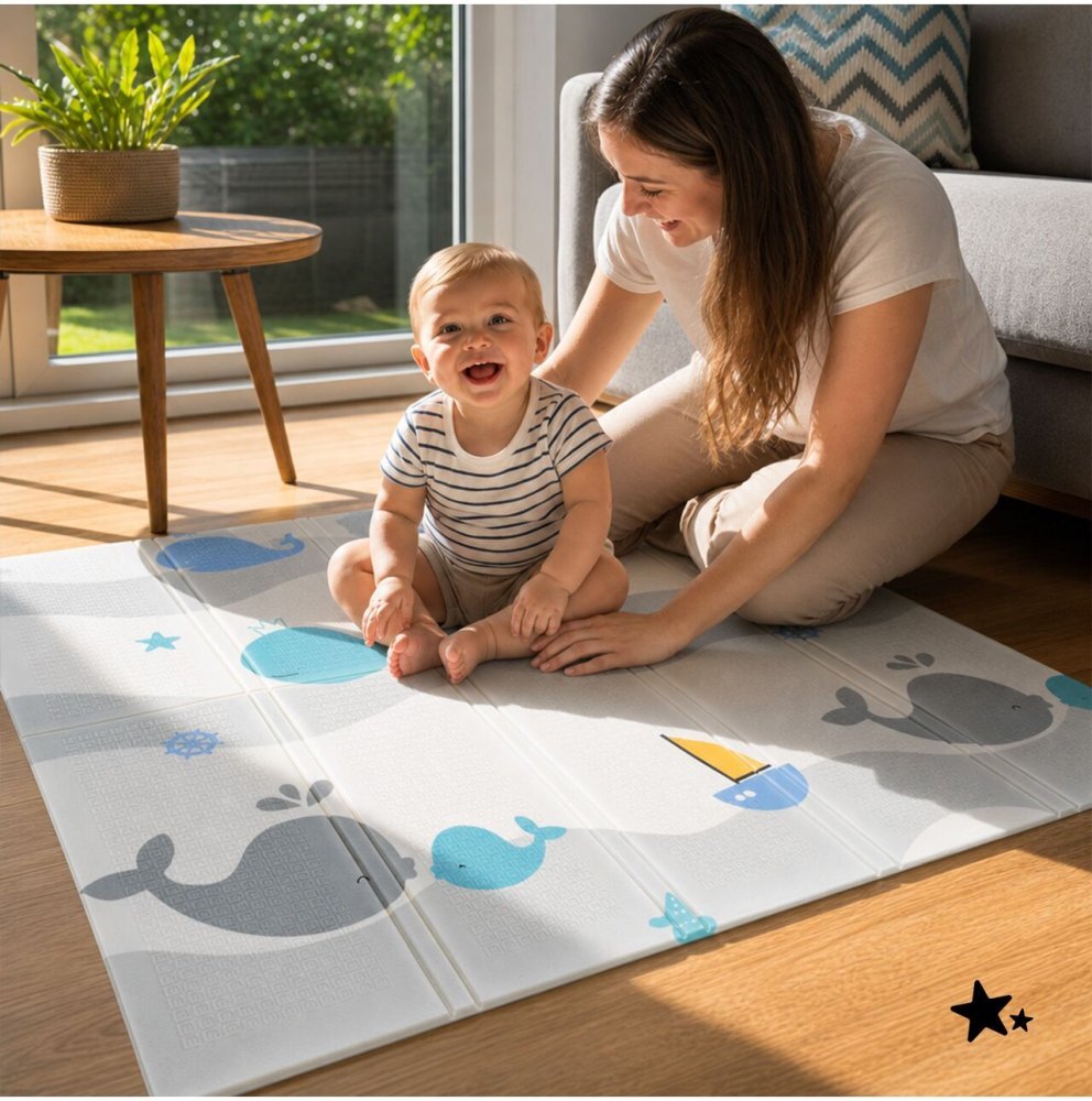 MalPlay Covoras de joaca pliabil din spuma XPE cu doua fete Mativo Whale dimensiune 120 x 120 cm include husa de transport cu fermoar si manere