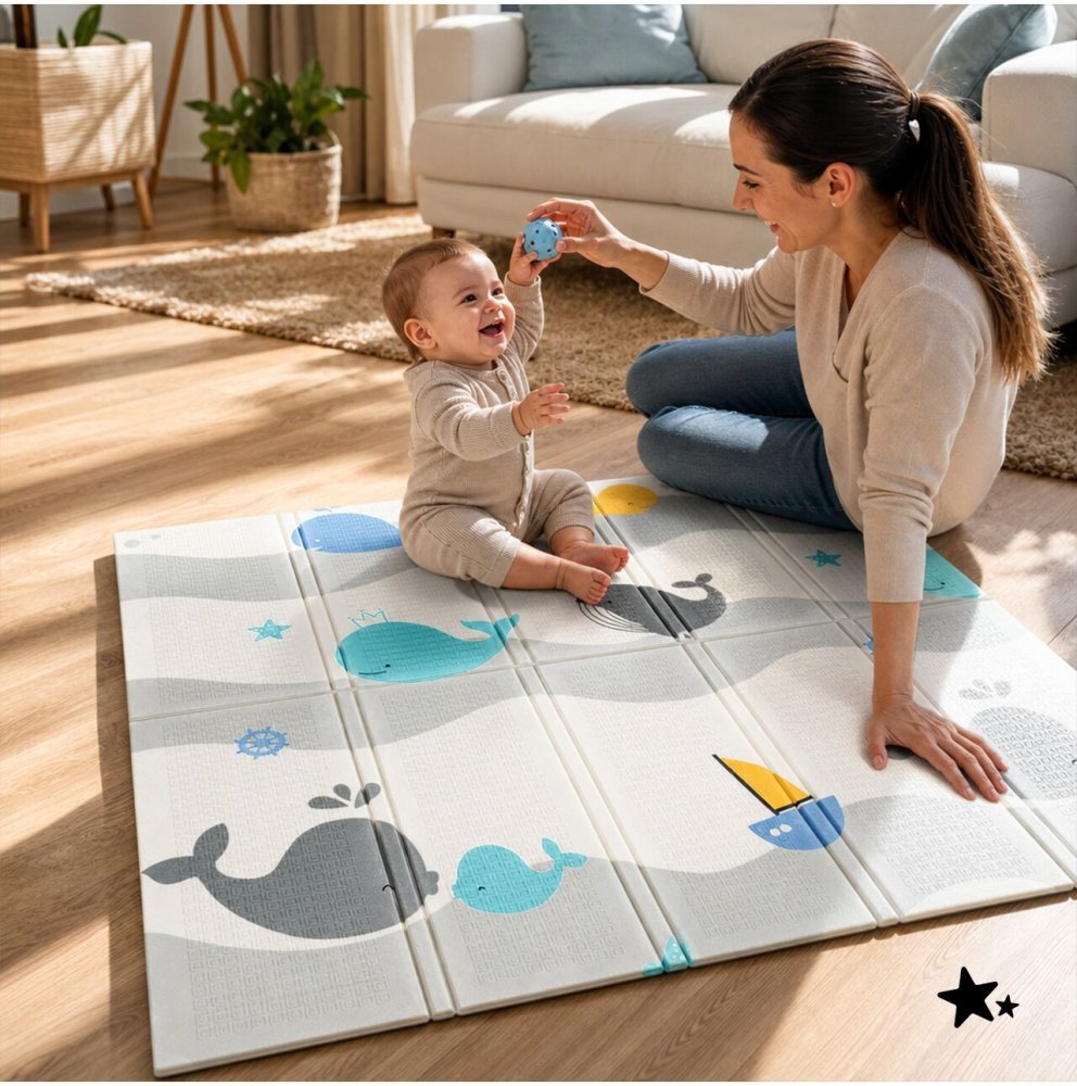 MalPlay Covoras de joaca pliabil din spuma XPE cu doua fete Mativo Whale dimensiune 120 x 120 cm include husa de transport cu fermoar si manere