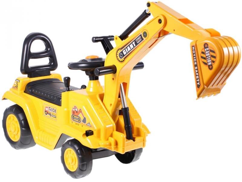 MalPlay Excavator copii fara pedale Rutschauto Galben actionat cu picioarele cupa mobila spatiu depozitare greutate maxima suportata 25 kg