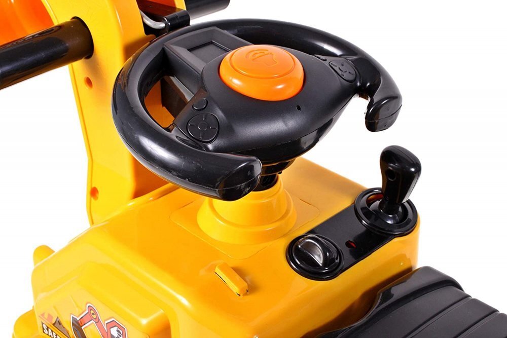 MalPlay Excavator copii fara pedale Rutschauto Galben actionat cu picioarele cupa mobila spatiu depozitare greutate maxima suportata 25 kg