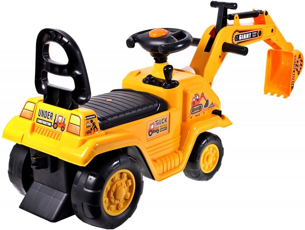 MalPlay Excavator copii fara pedale Rutschauto Galben actionat cu picioarele cupa mobila spatiu depozitare greutate maxima suportata 25 kg