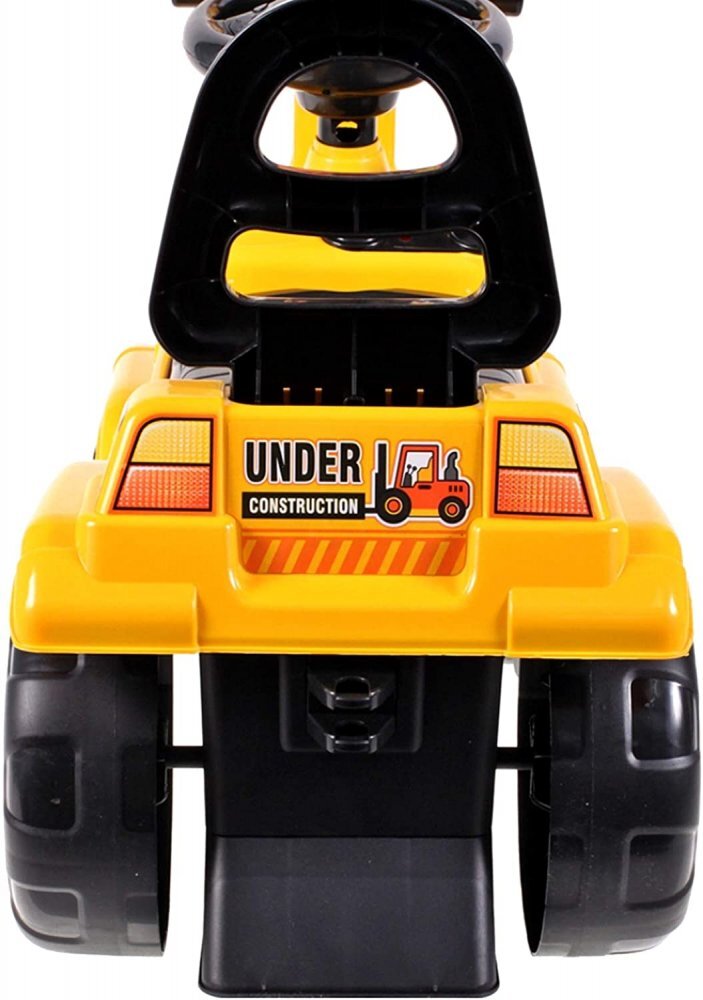 MalPlay Excavator copii fara pedale Rutschauto Galben actionat cu picioarele cupa mobila spatiu depozitare greutate maxima suportata 25 kg