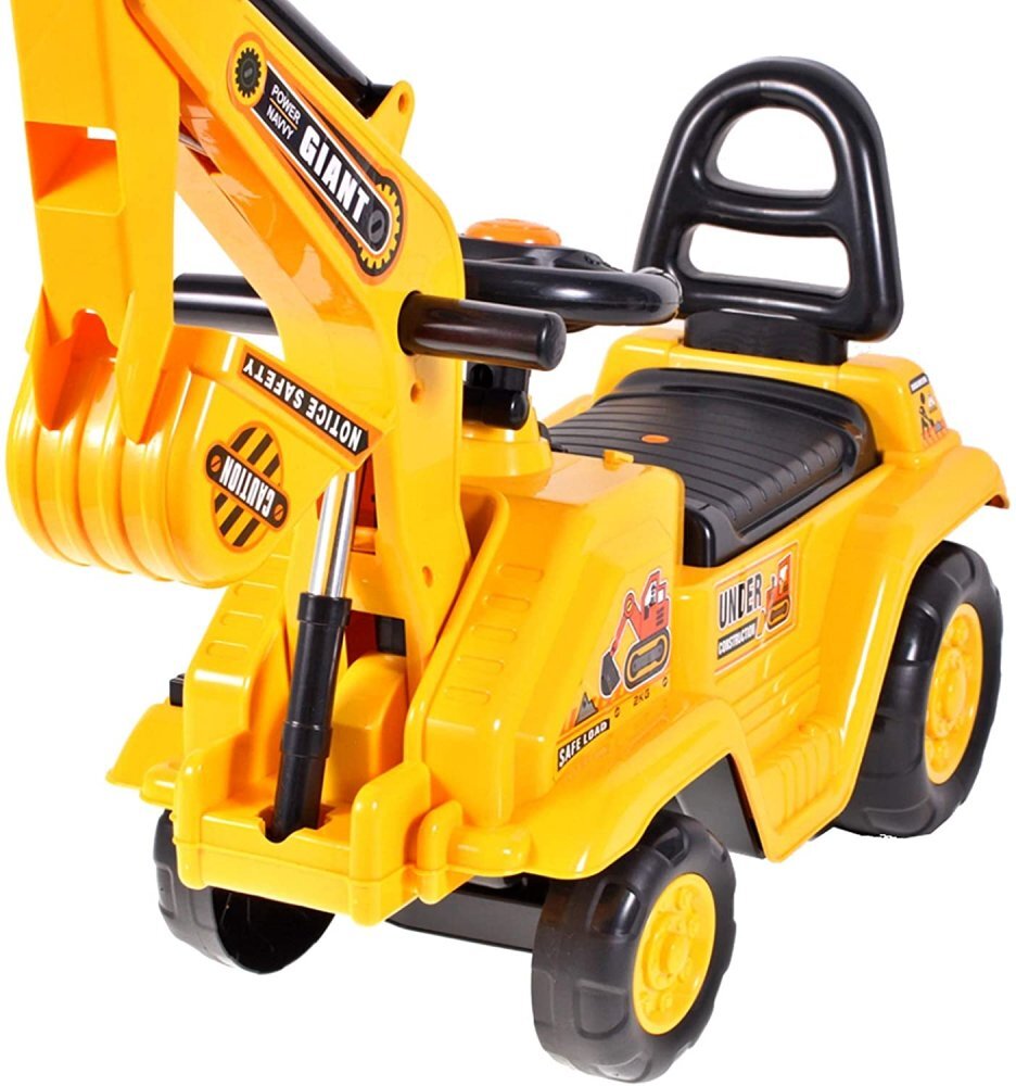 MalPlay Excavator copii fara pedale Rutschauto Galben actionat cu picioarele cupa mobila spatiu depozitare greutate maxima suportata 25 kg