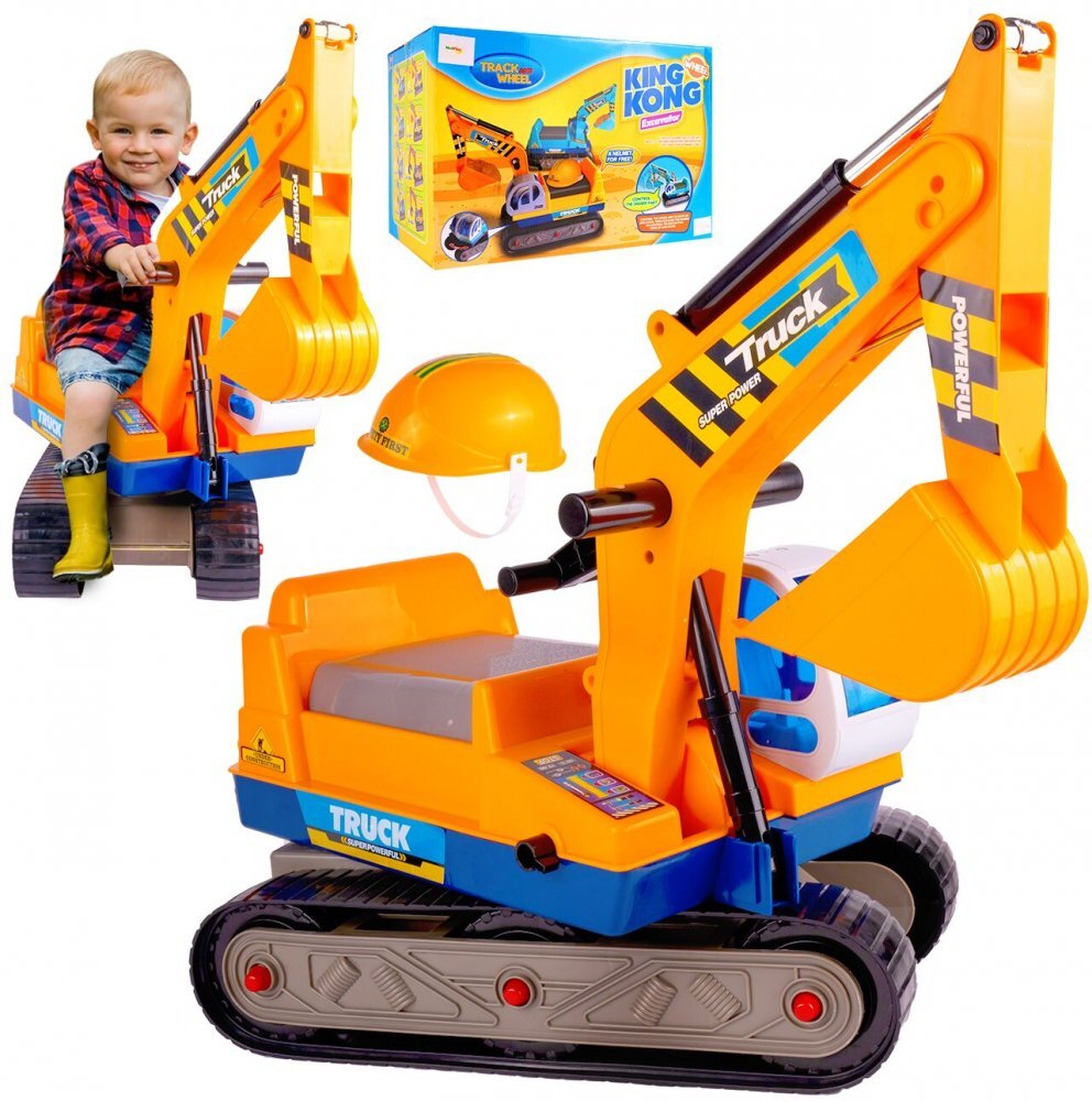 MalPlay Excavator cu Senile pentru copii Yellow cupa mobila casca actionat cu picioarele lungime 63 cm recomandat copiilor de la 3 ani si cu o greutate maxima de 15 kg