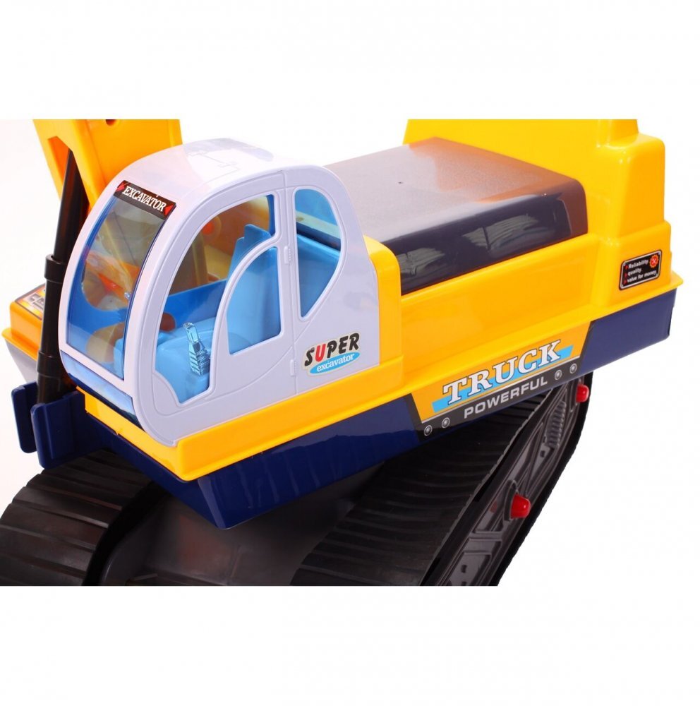 MalPlay Excavator cu Senile pentru copii Yellow cupa mobila casca actionat cu picioarele lungime 63 cm recomandat copiilor de la 3 ani si cu o greutate maxima de 15 kg