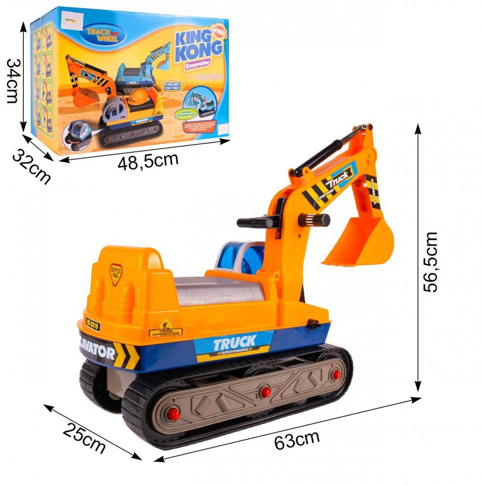 MalPlay Excavator cu Senile pentru copii Yellow cupa mobila casca actionat cu picioarele lungime 63 cm recomandat copiilor de la 3 ani si cu o greutate maxima de 15 kg