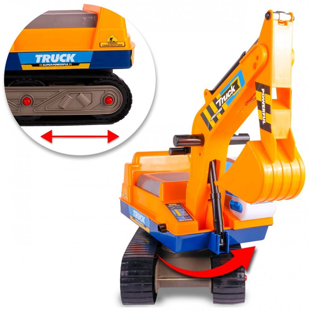 MalPlay Excavator cu Senile pentru copii Yellow cupa mobila casca actionat cu picioarele lungime 63 cm recomandat copiilor de la 3 ani si cu o greutate maxima de 15 kg