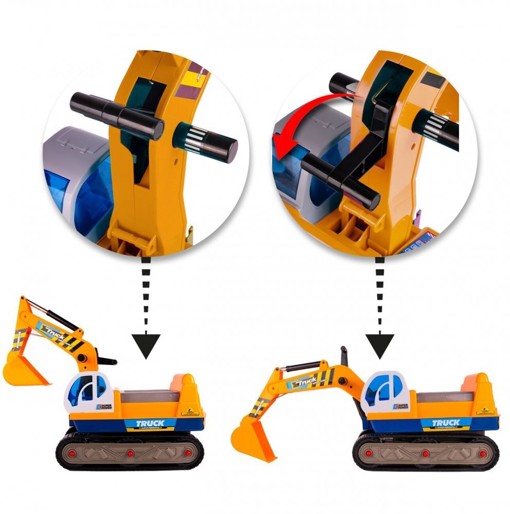 MalPlay Excavator cu Senile pentru copii Yellow cupa mobila casca actionat cu picioarele lungime 63 cm recomandat copiilor de la 3 ani si cu o greutate maxima de 15 kg
