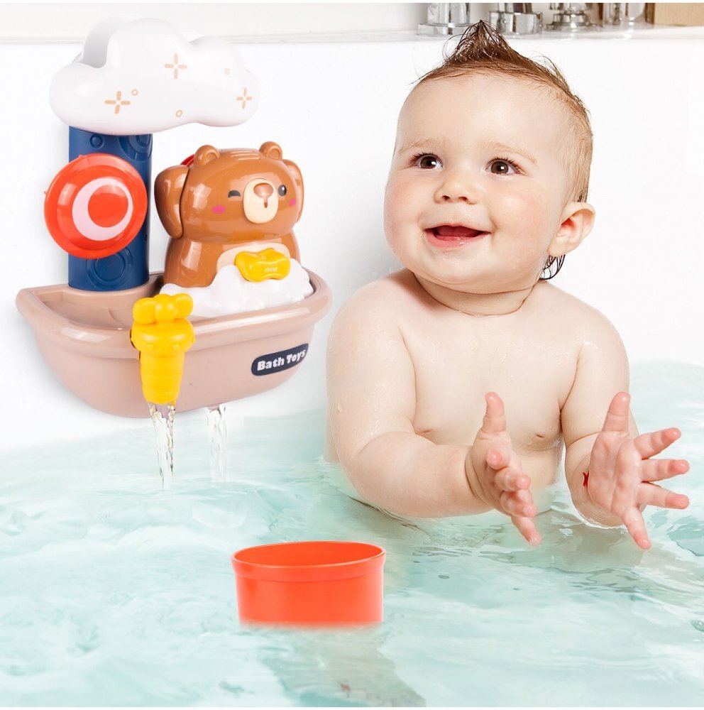 MalPlay Jucarie de baie interactiva cu mecanism de functionare pe baza de apa fara baterii cu ventuze de fixare dimensiune 19 x 13 x 22 cm model Teddy Bear