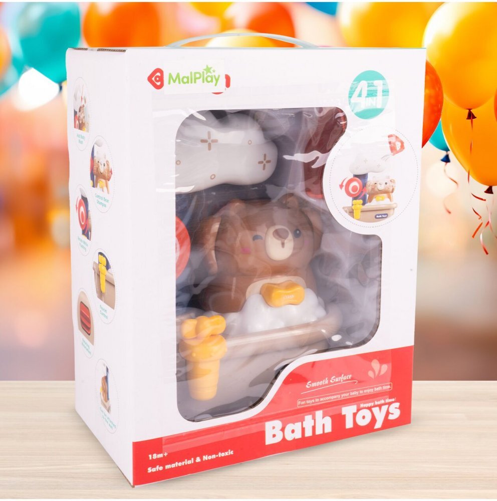 MalPlay Jucarie de baie interactiva cu mecanism de functionare pe baza de apa fara baterii cu ventuze de fixare dimensiune 19 x 13 x 22 cm model Teddy Bear