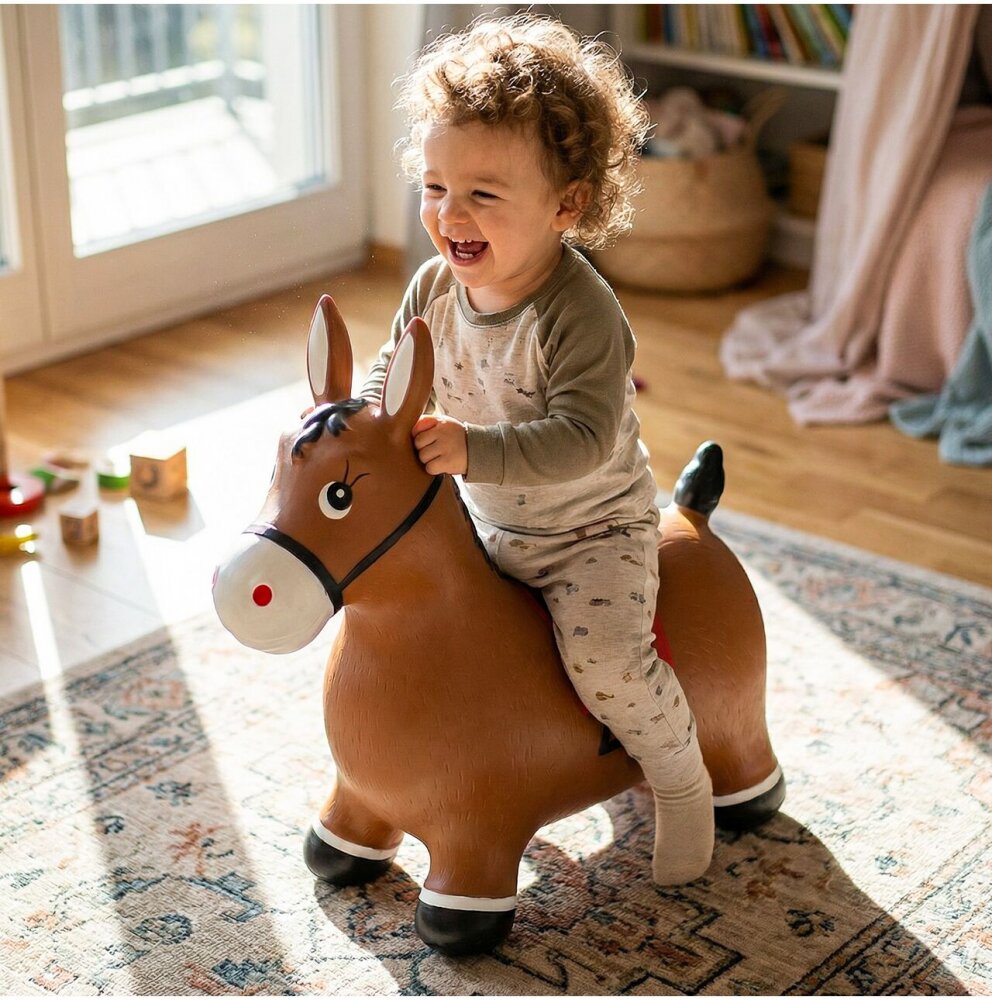 MalPlay Jucarie gonflabila pentru copii Brown Horse din cauciuc rezistent cu pompa inclusa dimensiune 55 x 48 x 27 cm