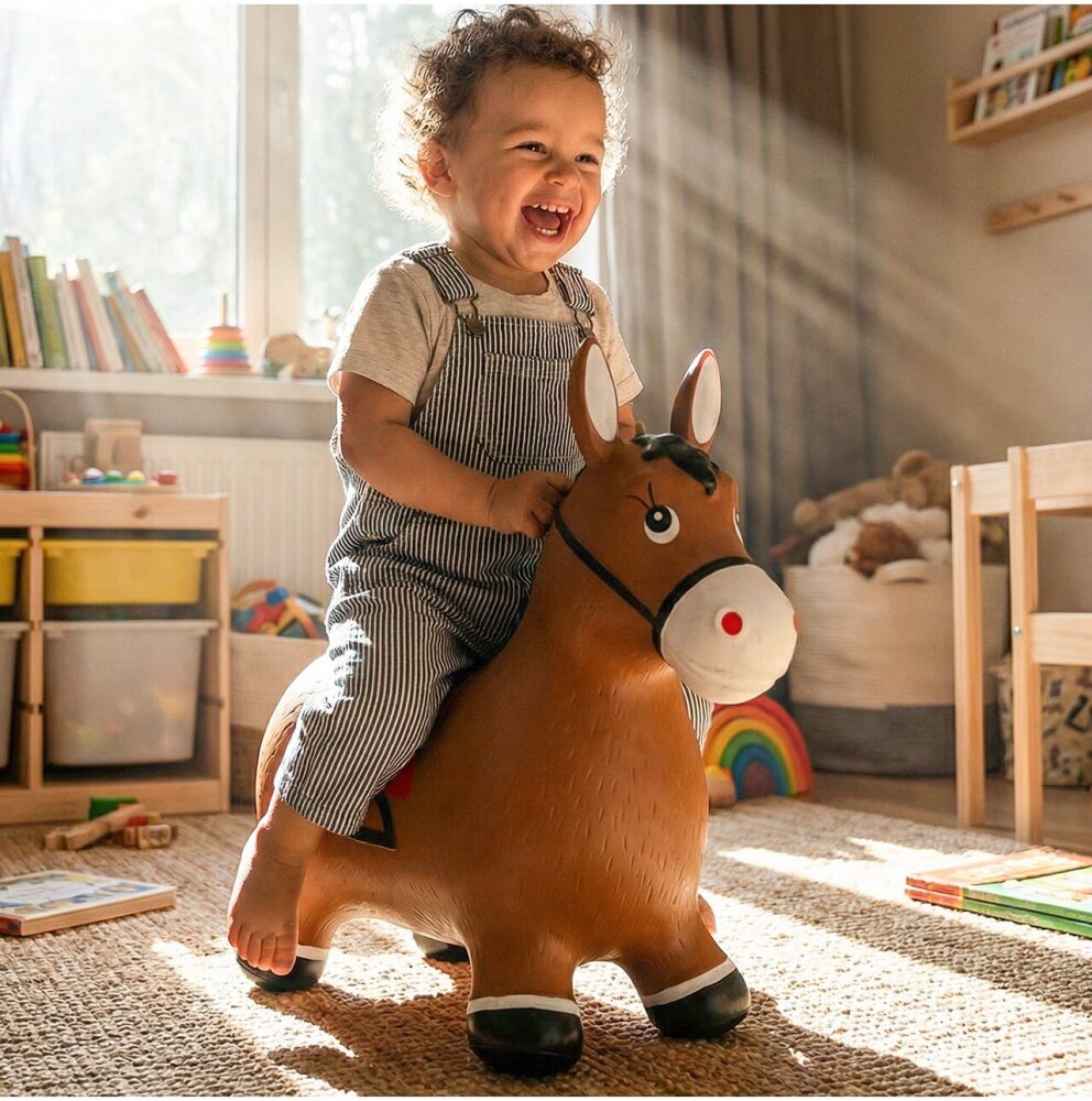 MalPlay Jucarie gonflabila pentru copii Brown Horse din cauciuc rezistent cu pompa inclusa dimensiune 55 x 48 x 27 cm