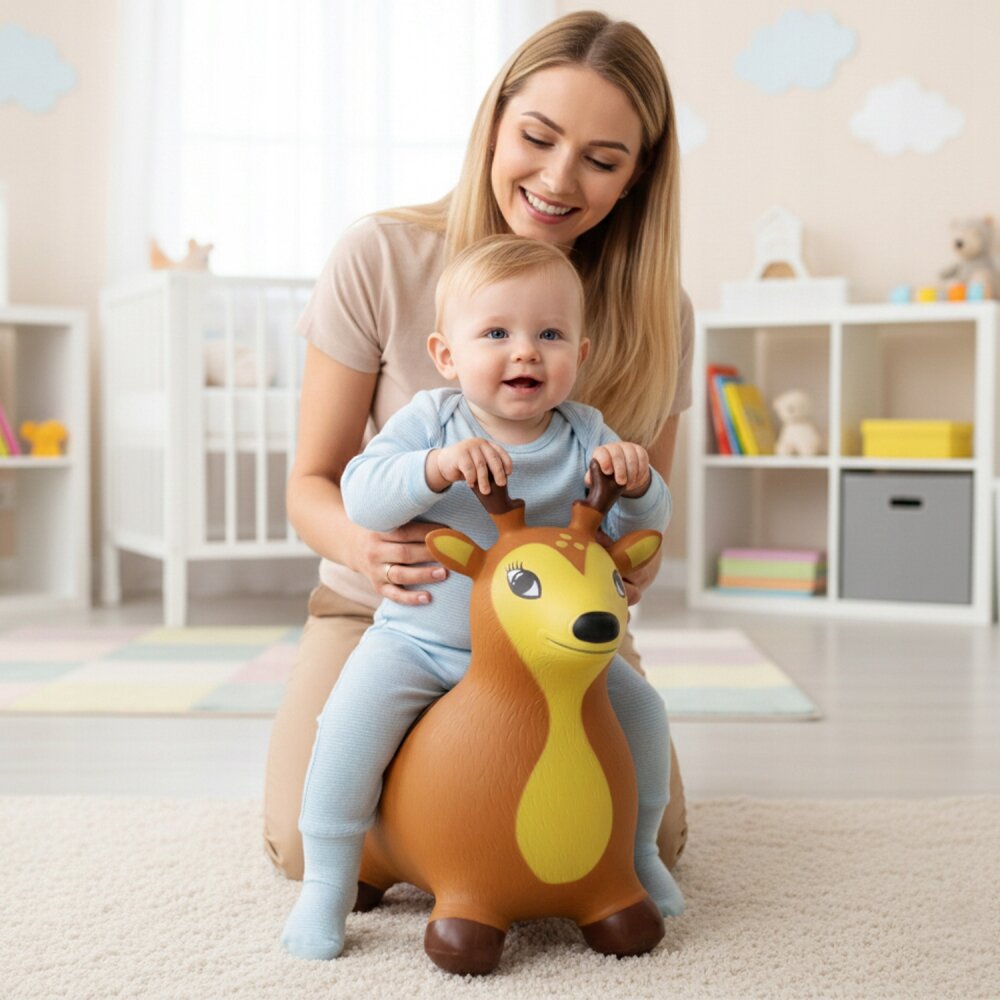 MalPlay Jucarie gonflabila pentru copii Brown Reindeer din cauciuc rezistent cu pompa inclusa dimensiune 50 x 52 x 26 cm