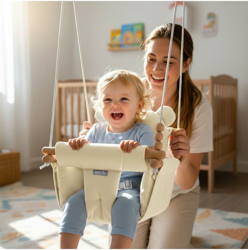 MalPlay Leagan suspendat pentru bebelusi Malo Beige cu pernute confortabile si centuri de siguranta din panza bumbac design versatil varsta 12-36 luni maxim 60 kg
