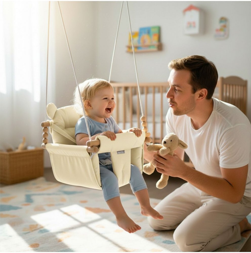 MalPlay Leagan suspendat pentru bebelusi Malo Beige cu pernute confortabile si centuri de siguranta din panza bumbac design versatil varsta 12-36 luni maxim 60 kg