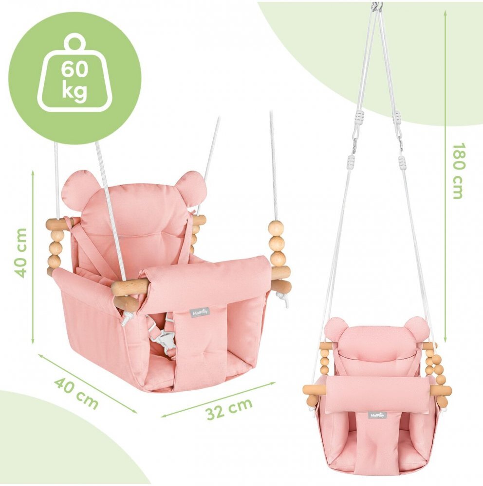 MalPlay Leagan suspendat pentru bebelusi Malo Pink cu pernute confortabile si centuri de siguranta din panza bumbac design versatil varsta 12-36 luni maxim 60 kg