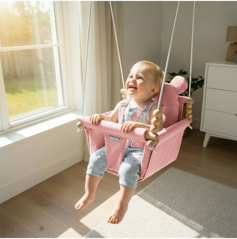 MalPlay Leagan suspendat pentru bebelusi Malo Pink cu pernute confortabile si centuri de siguranta din panza bumbac design versatil varsta 12-36 luni maxim 60 kg