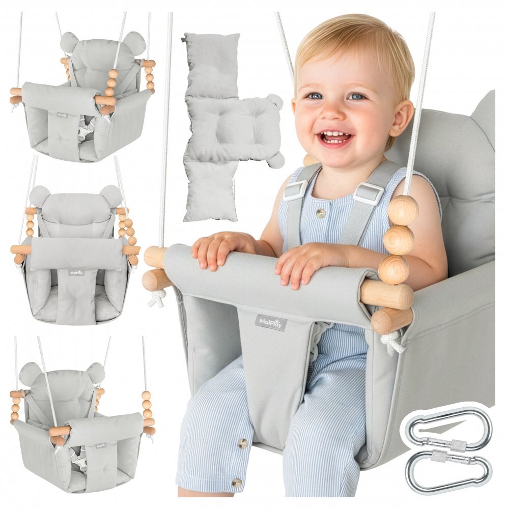 MalPlay Leagan suspendat pentru bebelusi Malo Wave Grey cu pernute confortabile si centuri de siguranta din panza bumbac design versatil varsta 12-36 luni maxim 60 kg