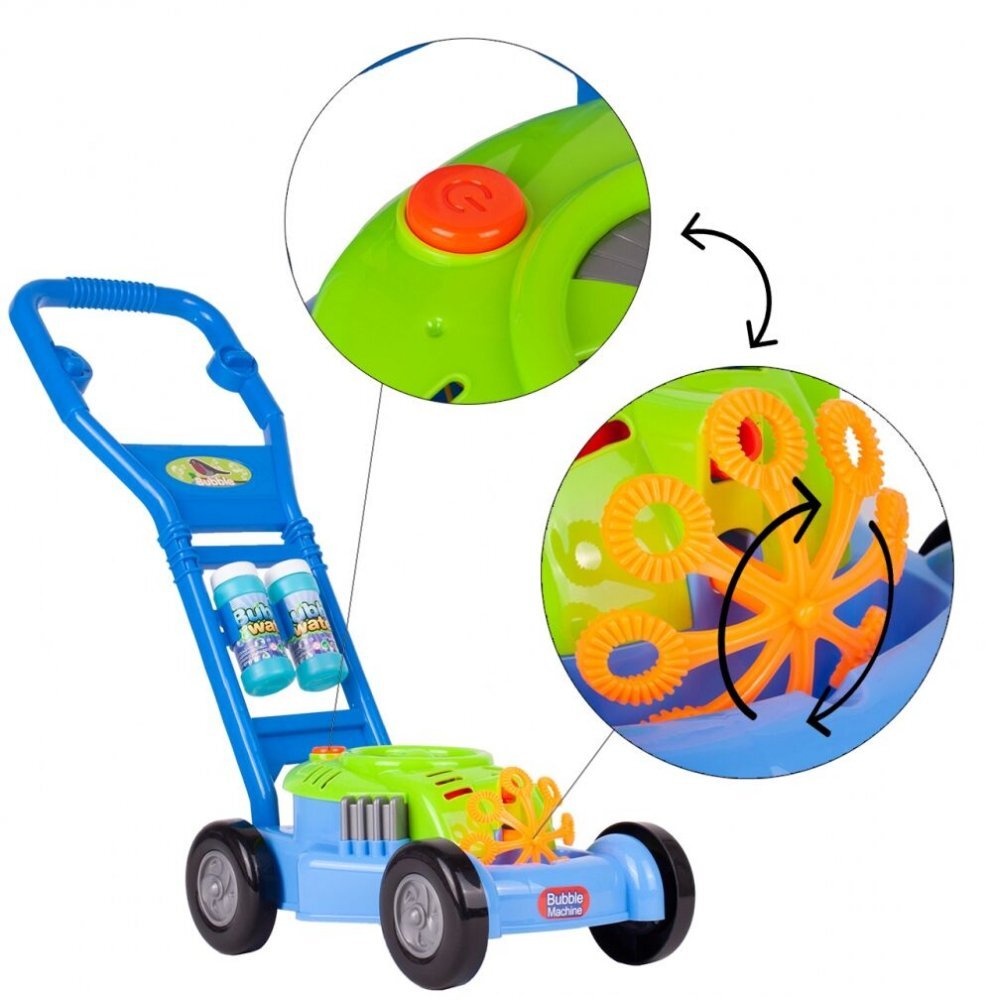 MalPlay Masina de tuns iarba Bubbles genereaza baloane din sapun cu Muzica si 2 rezerve 118ml incluse 26 x 17cm Blue