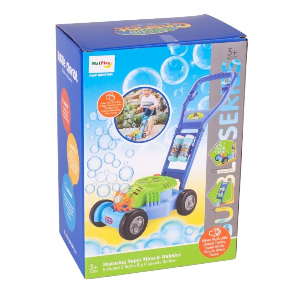 MalPlay Masina de tuns iarba Bubbles genereaza baloane din sapun cu Muzica si 2 rezerve 118ml incluse 26 x 17cm Blue
