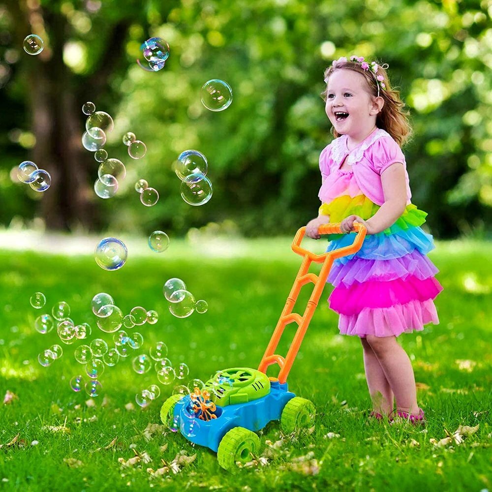 MalPlay Masina de tuns iarba generatoare de baloane din sapun cu baterii 8 inele rotative si solutie inclusa Super Bubble