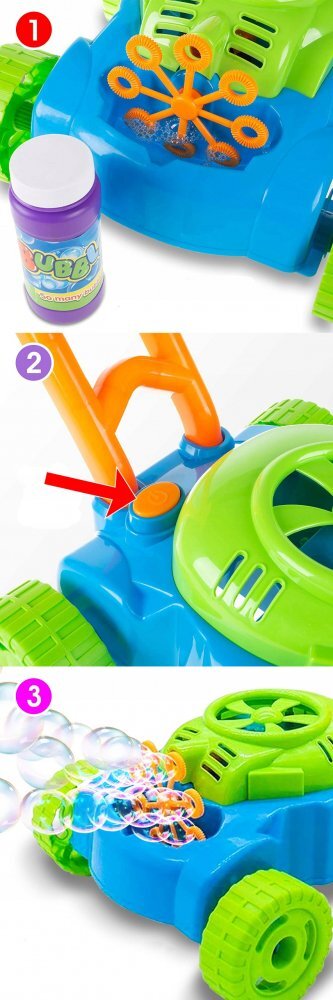 MalPlay Masina de tuns iarba generatoare de baloane din sapun cu baterii 8 inele rotative si solutie inclusa Super Bubble