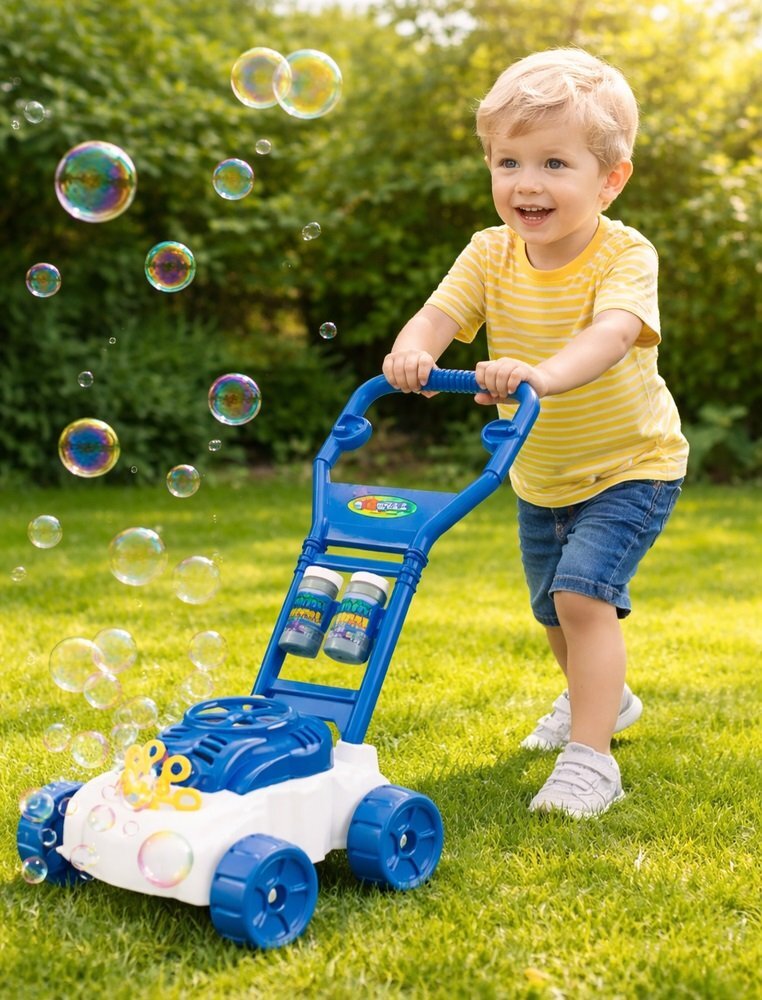 MalPlay Masina de tuns iarba interactiva pentru copii Blue generatoare de baloane din sapun include flacoane cu solutie dimensiune 48 x 26.5 x 49 cm
