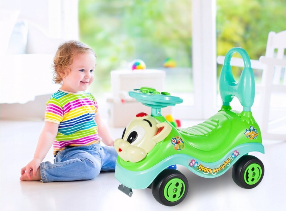 MalPlay Masinuta fara pedale Ride-on Kitty Green cu spatar inalt volan cu claxon sistem antirasturnare de la 18 luni pana la 27 kg