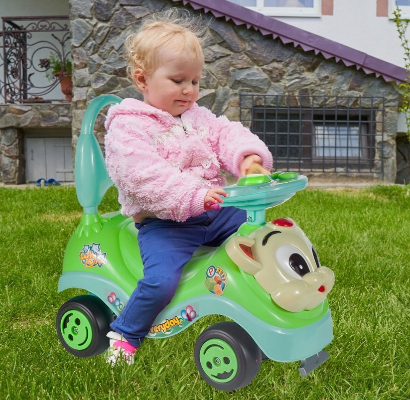 MalPlay Masinuta fara pedale Ride-on Kitty Green cu spatar inalt volan cu claxon sistem antirasturnare de la 18 luni pana la 27 kg