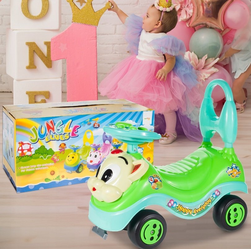 MalPlay Masinuta fara pedale Ride-on Kitty Green cu spatar inalt volan cu claxon sistem antirasturnare de la 18 luni pana la 27 kg