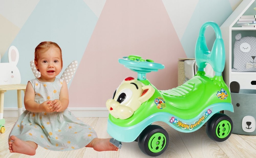 MalPlay Masinuta fara pedale Ride-on Kitty Green cu spatar inalt volan cu claxon sistem antirasturnare de la 18 luni pana la 27 kg