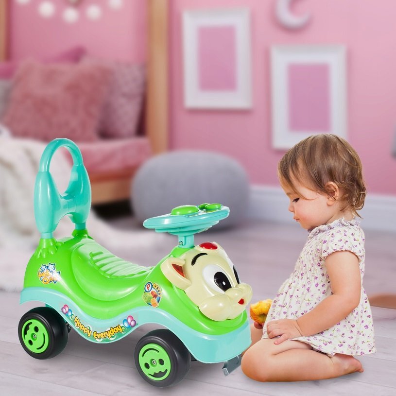 MalPlay Masinuta fara pedale Ride-on Kitty Green cu spatar inalt volan cu claxon sistem antirasturnare de la 18 luni pana la 27 kg