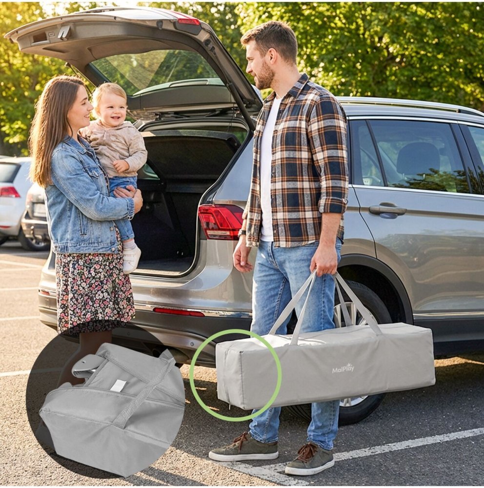 MalPlay Patut de calatorie pentru copii cu doua nivele laterala culisanta salteluta plasa de ventilatie roti usa cu fermoar si geanta de transport inclusa dimensiune 60 x 120 cm Gri