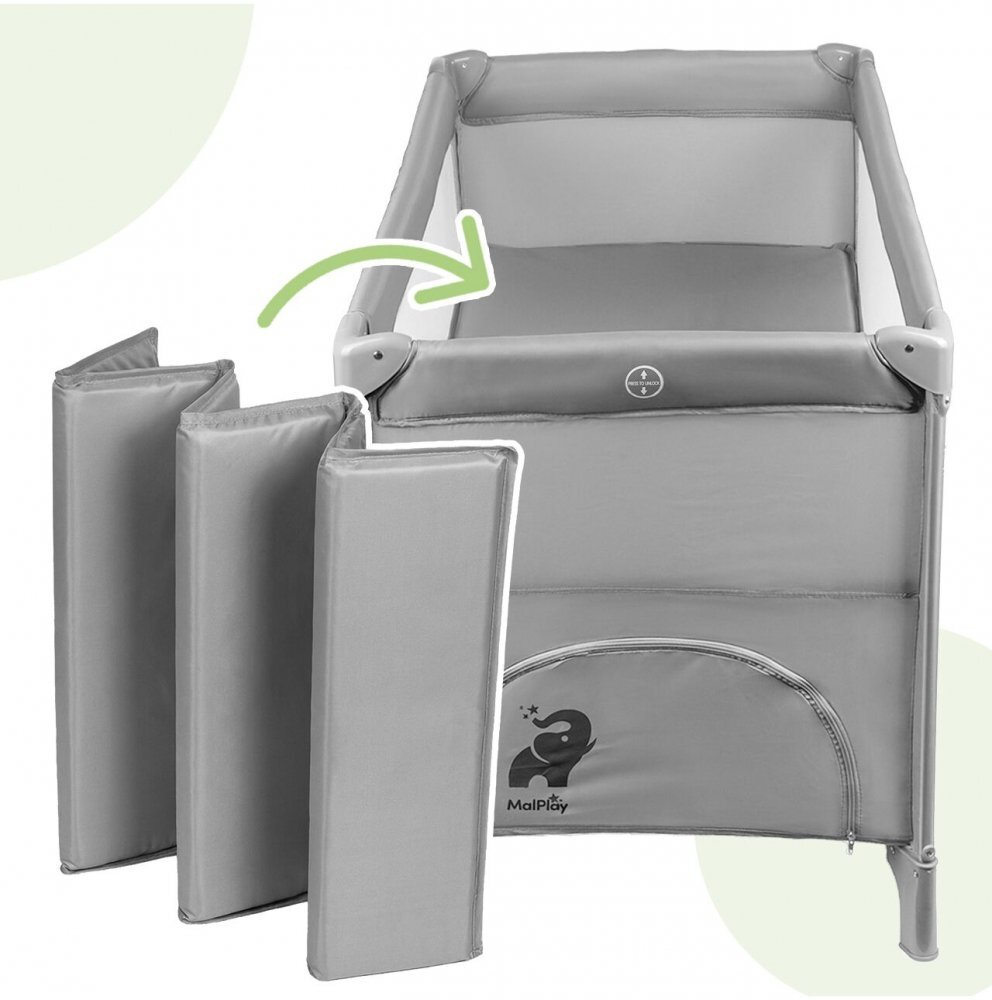 MalPlay Patut de calatorie pentru copii cu doua nivele laterala culisanta salteluta plasa de ventilatie roti usa cu fermoar si geanta de transport inclusa dimensiune 60 x 120 cm Gri