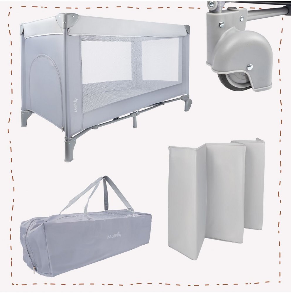 MalPlay Patut pliabil de calatorie pentru copii Luno Grey multifunctional 2 in 1 intrare laterala cu fermoar saltea si geanta de transport incluse dimensiune 60 x 120 cm
