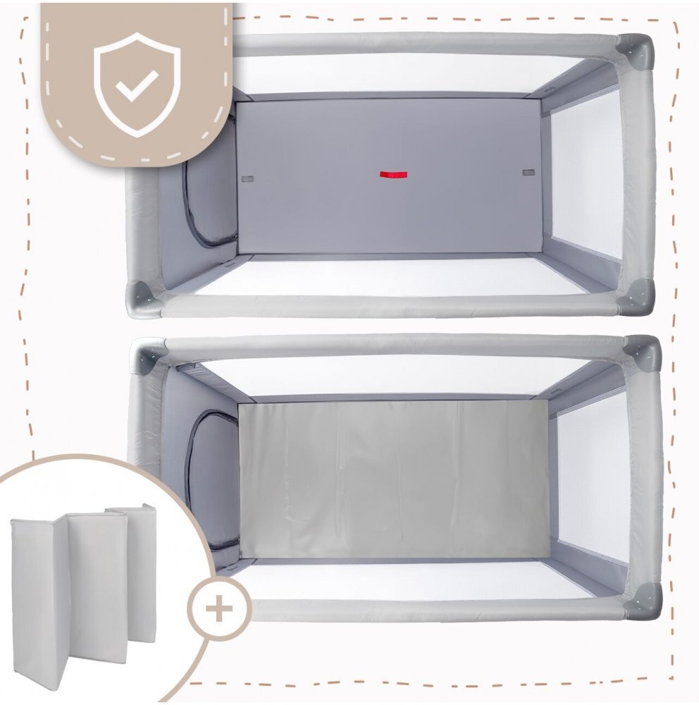 MalPlay Patut pliabil de calatorie pentru copii Luno Grey multifunctional 2 in 1 intrare laterala cu fermoar saltea si geanta de transport incluse dimensiune 60 x 120 cm
