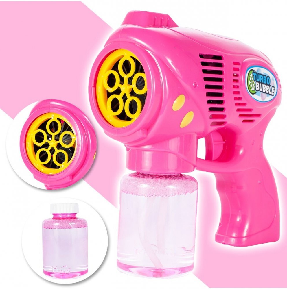 MalPlay Pistol generator baloane de sapun cu baterii 5 orificii randament 10.000 bule in 5 minute 17 x 7 cm Turbo Bubble Pink