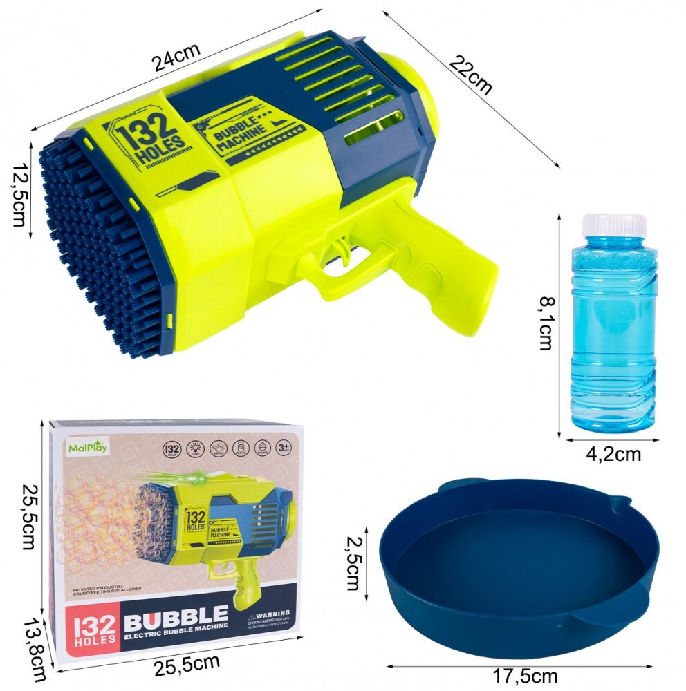 MalPlay Pistol generator baloane de sapun pentru copii cu 132 de orificii 2 sticlute cu lichid incluse incarcare USB