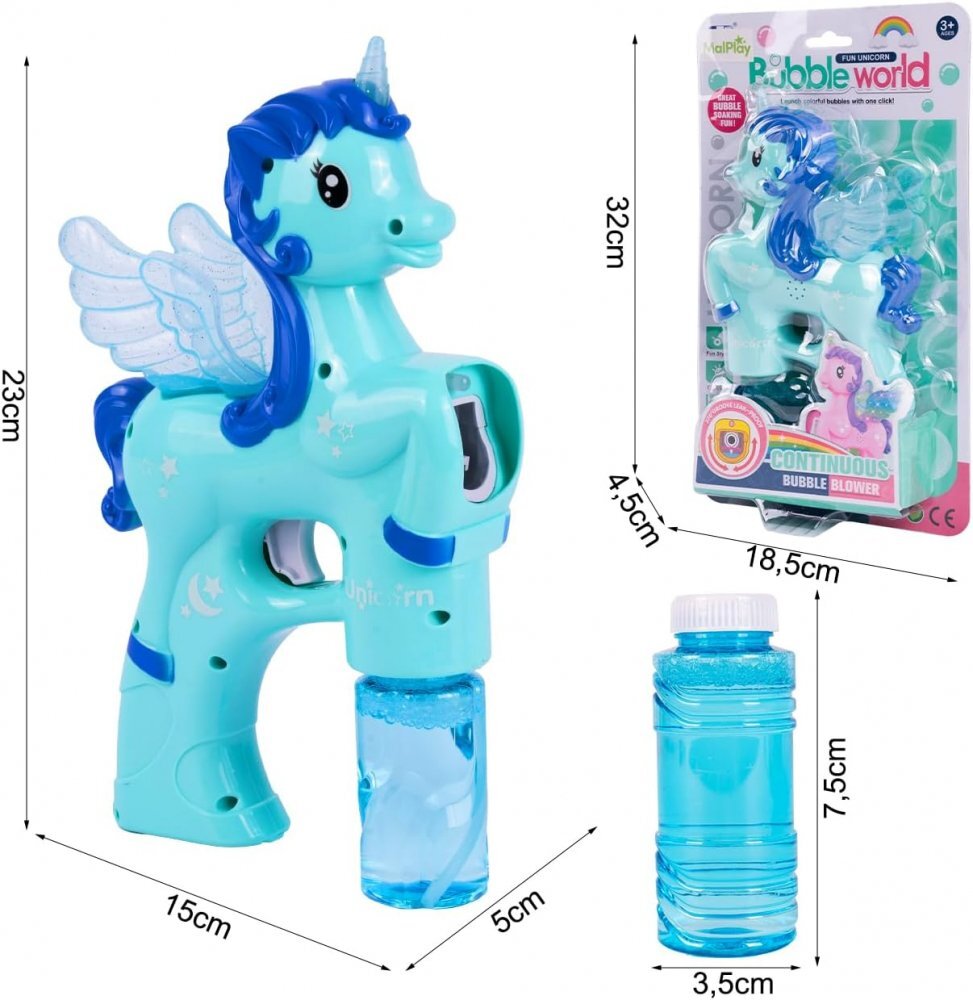 MalPlay Pistol pentru baloane de sapun cu lumini Unicorn Albastru