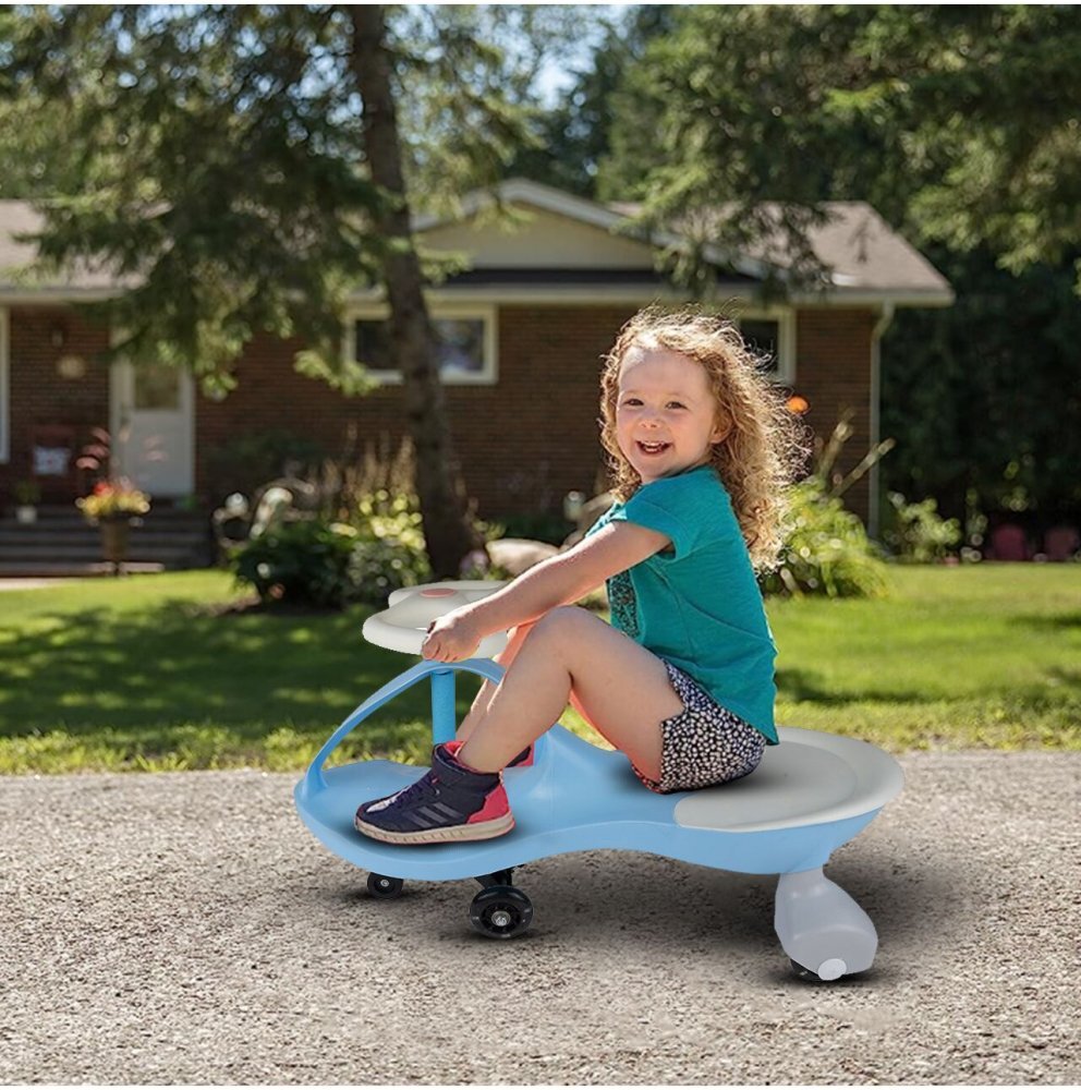 MalPlay PlasmaCar pentru copii fara pedale Blue cu volan rotativ 360 grade roti luminoase din cauciuc scaun ergonomic suport pentru picioare aderent recomandat copiilor de la 2 ani