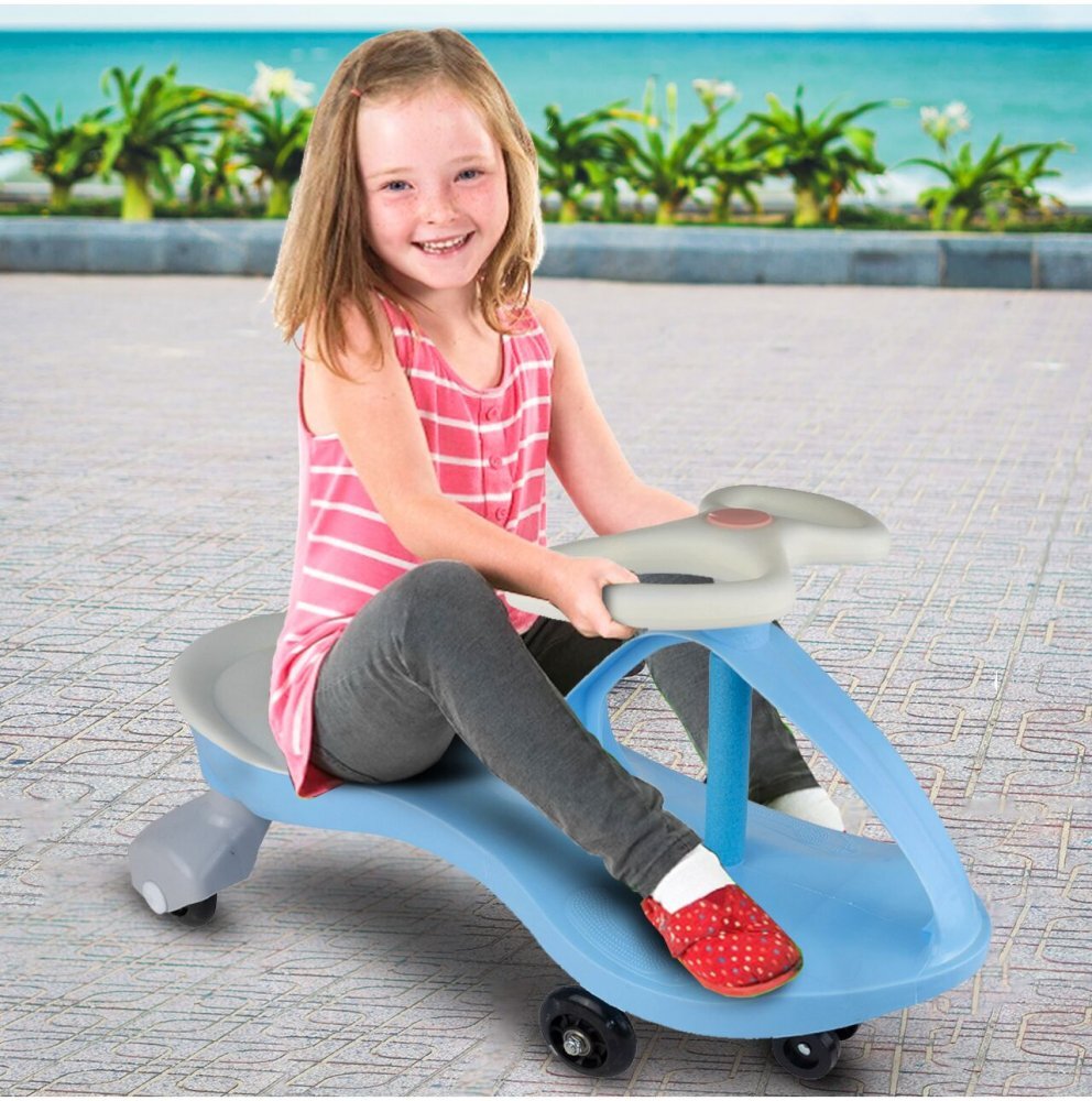 MalPlay PlasmaCar pentru copii fara pedale Blue cu volan rotativ 360 grade roti luminoase din cauciuc scaun ergonomic suport pentru picioare aderent recomandat copiilor de la 2 ani