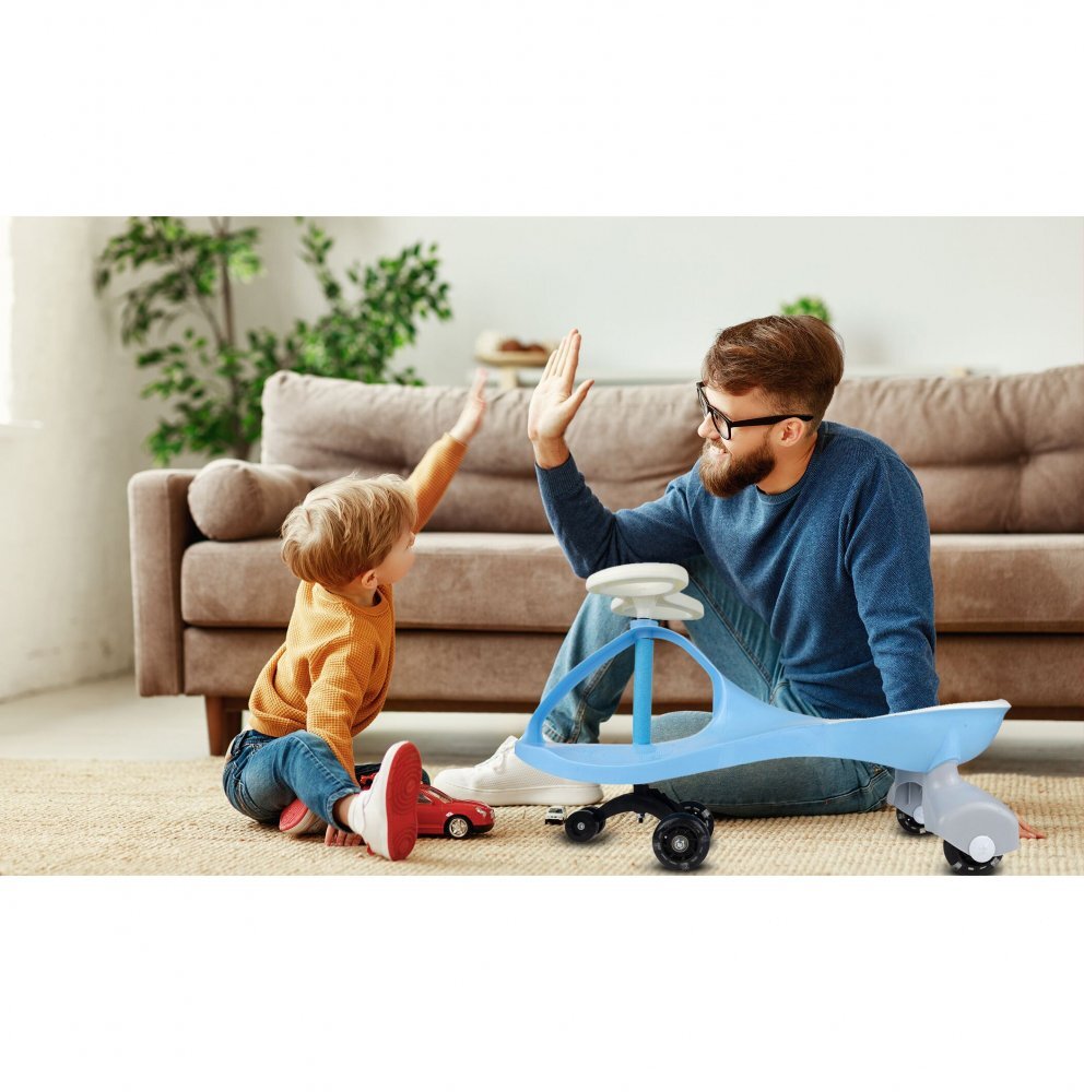MalPlay PlasmaCar pentru copii fara pedale Blue cu volan rotativ 360 grade roti luminoase din cauciuc scaun ergonomic suport pentru picioare aderent recomandat copiilor de la 2 ani