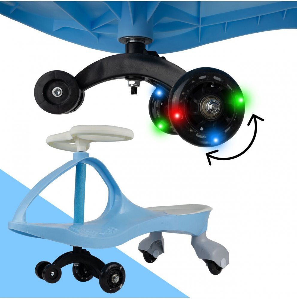MalPlay PlasmaCar pentru copii fara pedale Blue cu volan rotativ 360 grade roti luminoase din cauciuc scaun ergonomic suport pentru picioare aderent recomandat copiilor de la 2 ani