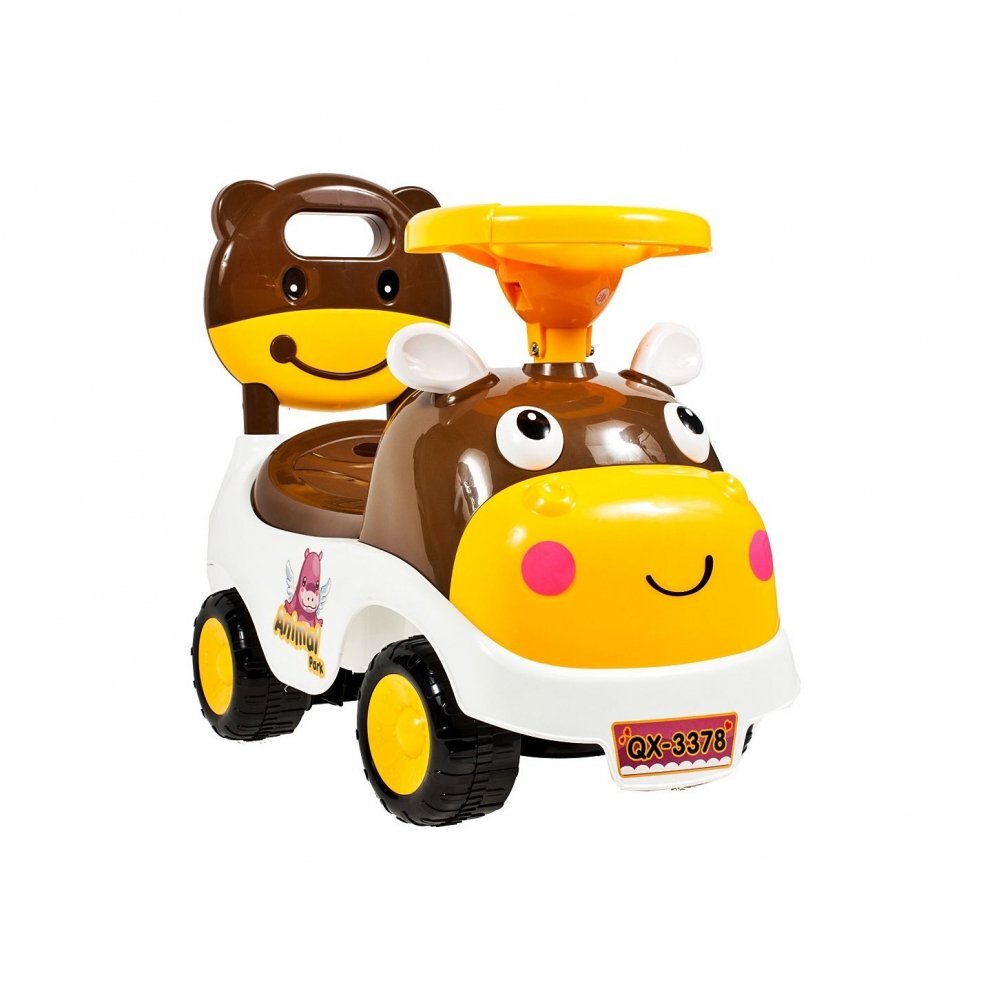 MalPlay Ride-On copii fara pedale Hipcio Walker Brown cu spatar inalt compartiment de depozitare pozitionat sub scaun claxon recomandata copiilor de la 2 ani