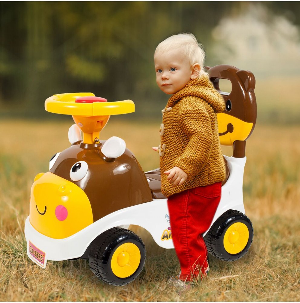 MalPlay Ride-On copii fara pedale Hipcio Walker Brown cu spatar inalt compartiment de depozitare pozitionat sub scaun claxon recomandata copiilor de la 2 ani