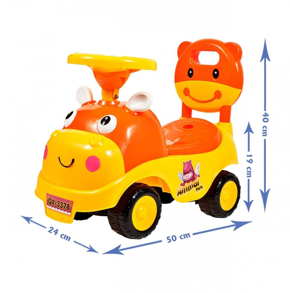 MalPlay Ride-On copii fara pedale Hipcio Walker Orange cu spatar inalt compartiment de depozitare pozitionat sub scaun claxon recomandata copiilor de la 2 ani