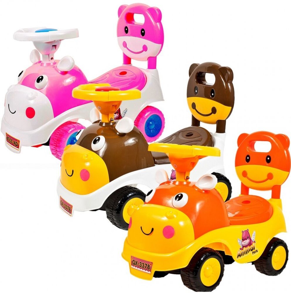 MalPlay Ride-On copii fara pedale Hipcio Walker Pink cu spatar inalt compartiment de depozitare pozitionat sub scaun claxon recomandata copiilor de la 2 ani