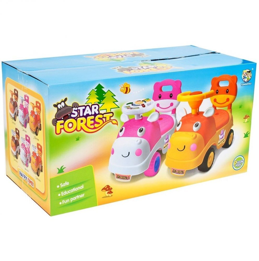 MalPlay Ride-On copii fara pedale Hipcio Walker Pink cu spatar inalt compartiment de depozitare pozitionat sub scaun claxon recomandata copiilor de la 2 ani